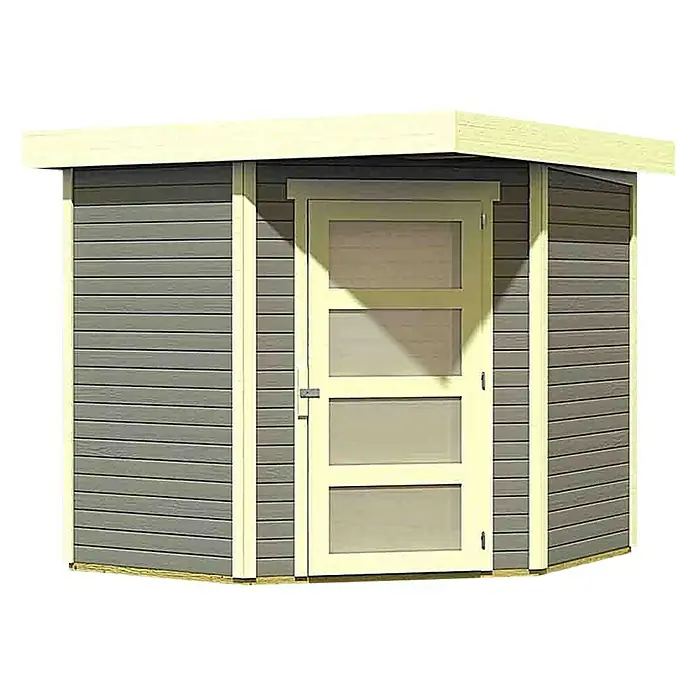 Karibu Gartenhaus Schwandorf 3 - Außenmaß inkl. Dachüberstand (B x T): 242 x 238 cm, Holz, Terragrau, Weiß - Eine moderne Gartenhütte mit horizontaler Holzverkleidung, einer Tür mit vier Fenstern und einem flachen Dach.