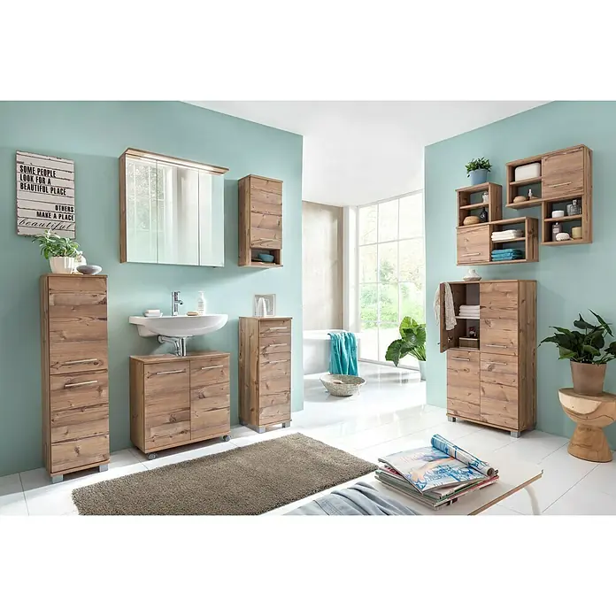 Schildmeyer Isola Highboard - 60 x 33 x 117 cm, Silberfichte - Badezimmer-Ensemble aus hellem Holz: Waschbeckenunterschrank, Spiegelschrank, Hochschränke und Regale für ein stilvolles Ambiente.