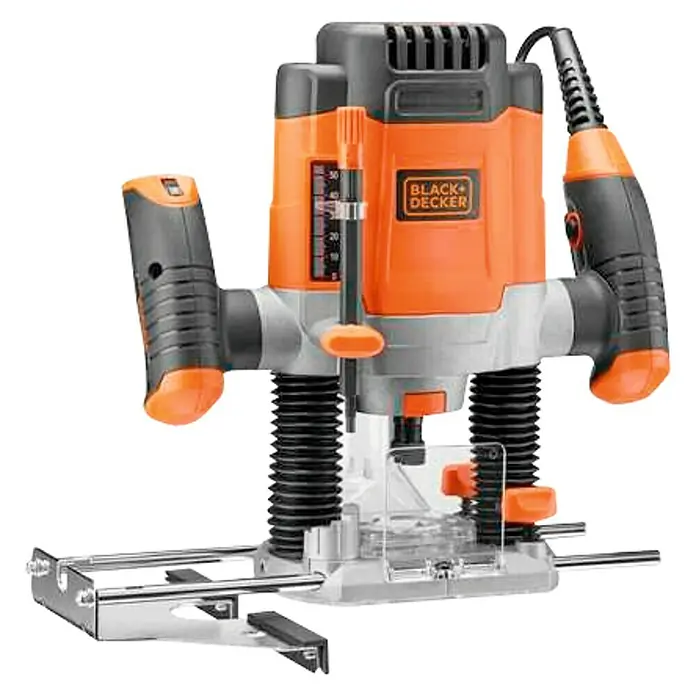 Black+Decker Fresadora eléctrica KW1200EKA - 1.200 W, 8.000 r.p.m. - 28.000 r.p.m., Diámetro del portaherramientas: 38 mm - Una fresadora Black+Decker, una herramienta eléctrica para dar forma y cortar madera y otros materiales con precisión.