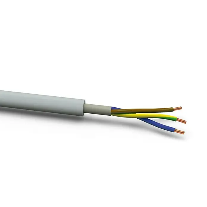 Mantelleitung Halogenfrei NHXMH-J 3x1,5 mm² - Anzahl Adern: 3, 1,5 mm², 100 m - Nahaufnahme eines Stromkabels mit freiliegenden farbigen Drähten, die die interne Verkabelung für elektrische Verbindungen zeigen.