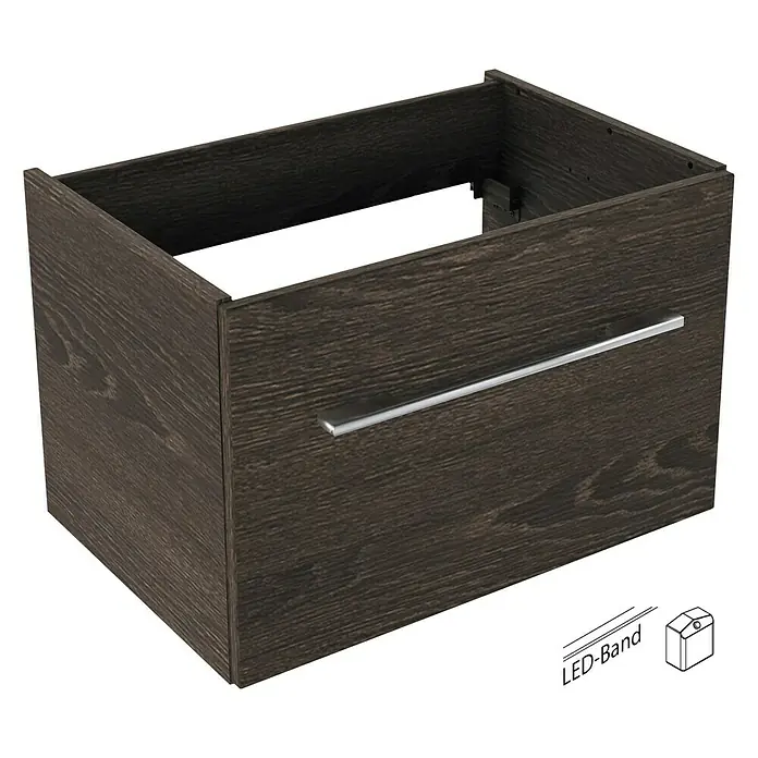 Badmöbel-Set G61E11 - Gesamtbreite Badmöbel: 60 cm, Eiche Maron, Matt, 3 -tlg. - Ein Unterschrank mit einer Schublade und einem silbernen Griff. Das Holz hat eine dunkle Farbe mit Maserung.