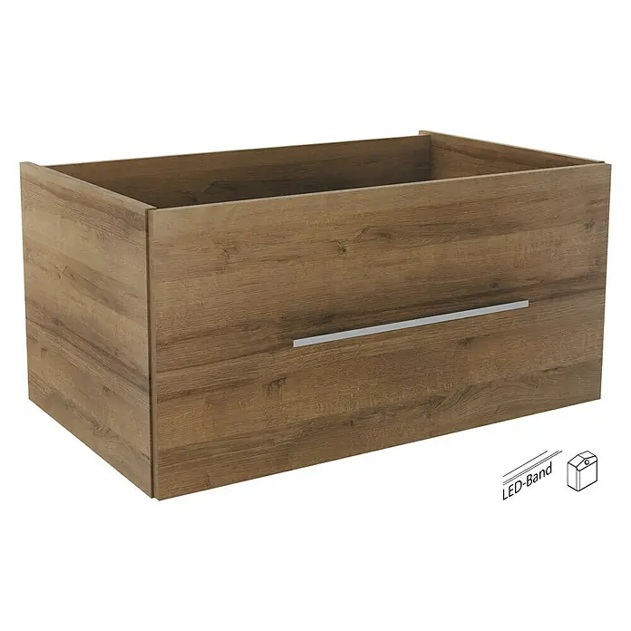 Camargue Stella Badmöbel-Set G81B11 - Gesamtbreite Badmöbel: 80 cm, Berg Eiche, Matt, 3 -tlg. - Holzfarbener Waschtischunterschrank mit einem schmalen, horizontalen Griff und optionalem LED-Band.