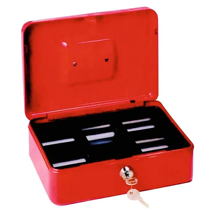 Arregui Caja de caudales C-9234 - L x An x Al: 25 x 18 x 9 cm, Asa abatible, Rojo - Caja registradora roja con compartimentos y llave, ideal para guardar dinero en efectivo y objetos de valor.
