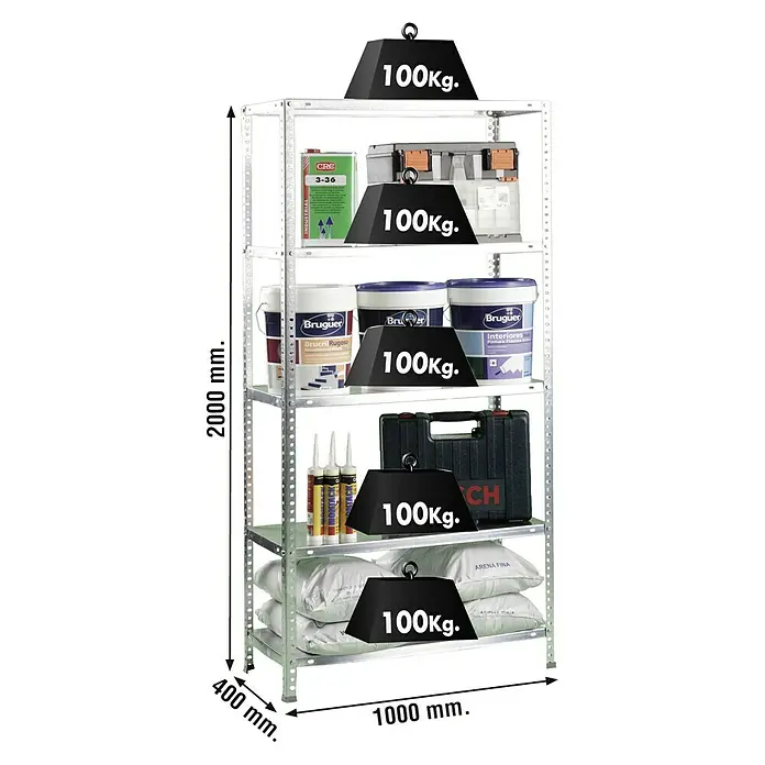 Simonrack Simonclassic Metallregal Comfort Plus - H x B x T: 200 x 100 x 40 cm, Traglast pro Boden: 100 kg, Anzahl Böden: 5 Stk., Schrauben, Silber - Abbildung eines Metallregals mit fünf Ebenen, das mit verschiedenen Artikeln und schwarzen Gewichten von 100 kg beladen ist.