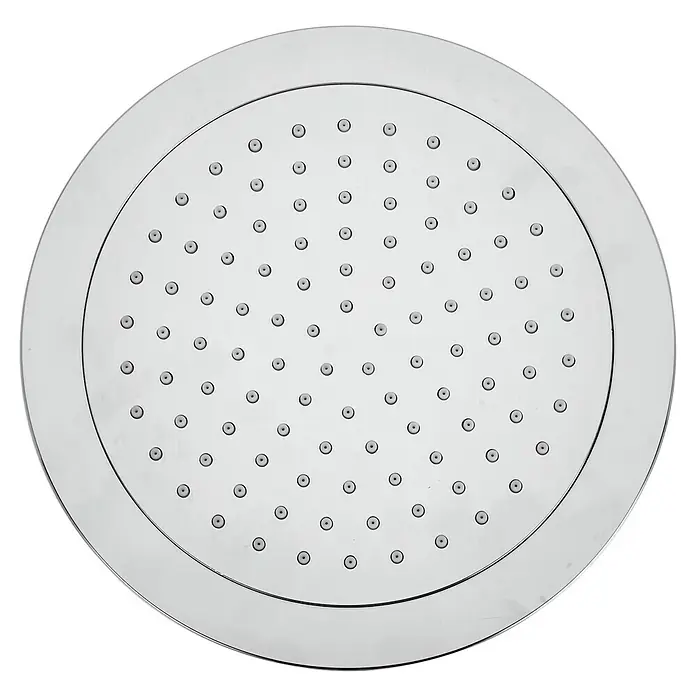 Mixomat Kopfbrause Kolna - Durchmesser: 24 cm, Chrom, Rund - Nahaufnahme eines runden Duschkopfs aus Chrom mit vielen kleinen Düsenlöchern. Das schlichte Design sorgt für ein modernes Badezimmerambiente.