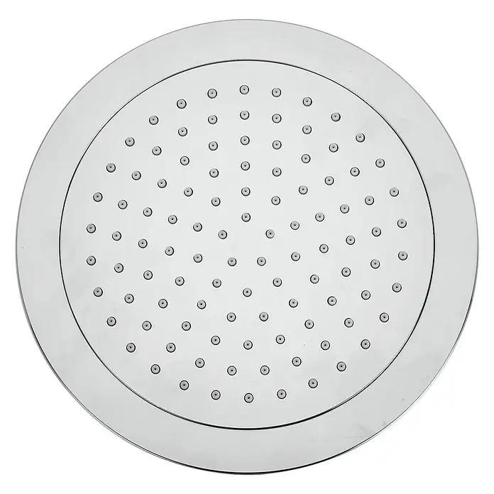Mixomat Kopfbrause KolnaDurchmesser: 24 cm, Chrom, Rund - Nahaufnahme eines runden Duschkopfs aus Chrom mit vielen kleinen Düsenlöchern. Das schlichte Design sorgt für ein modernes Badezimmerambiente.
