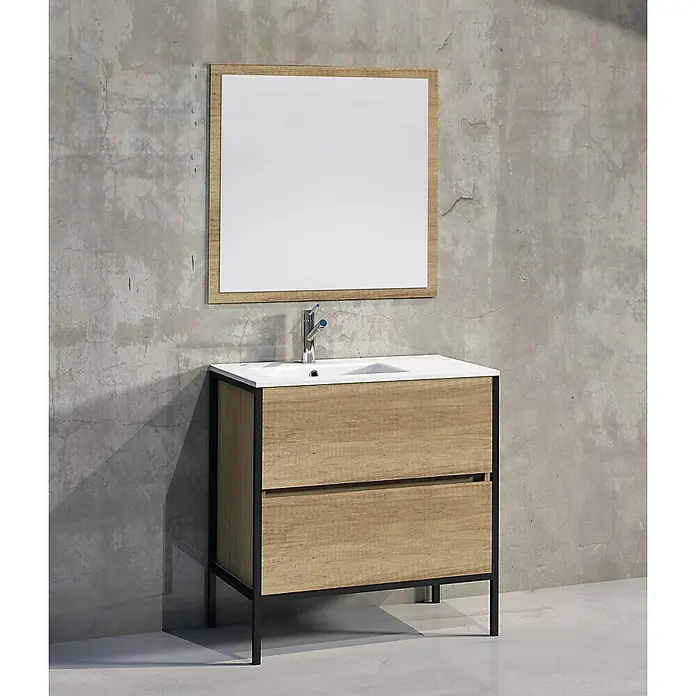 Artysan Espejo con marco Structur - 80 x 90 cm, Roble claro - Mueble de baño moderno con acabado de madera y estructura de metal negro bajo un espejo a juego.