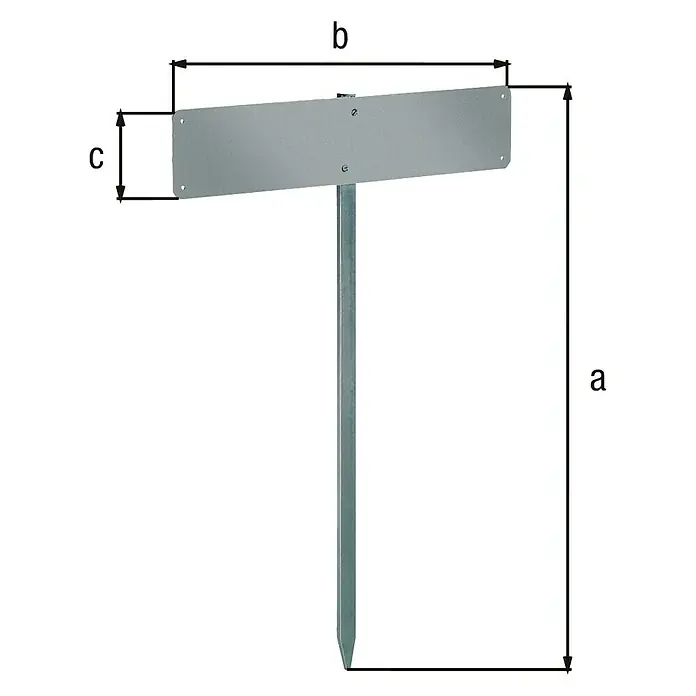 Nummernschild-Befestigung - L x B x H: 520 x 110 x 750 mm, Stahl - Abbildung eines Metallschildes mit den Maßen a, b und c, das auf einem Pfosten montiert ist. Das Schild kann zur Kennzeichnung im Außenbereich verwendet werden.