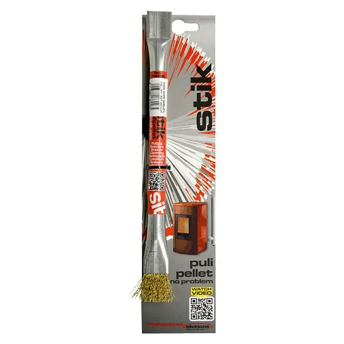 Pincel y rasqueta para estufa de pellets - Acero inoxidable, Largo: 240 mm - La imagen muestra un cepillo de limpieza de estufas de pellets Stik en un embalaje gris con detalles rojos e información del producto.