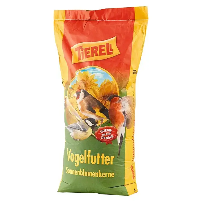Tierell Wildvogelfutter Sonnenblumenkerne - 20 kg - Ein Sack Tierell Vogelfutter Sonnenblumenkerne mit einer Illustration von verschiedenen Vögeln und Sonnenblumen.