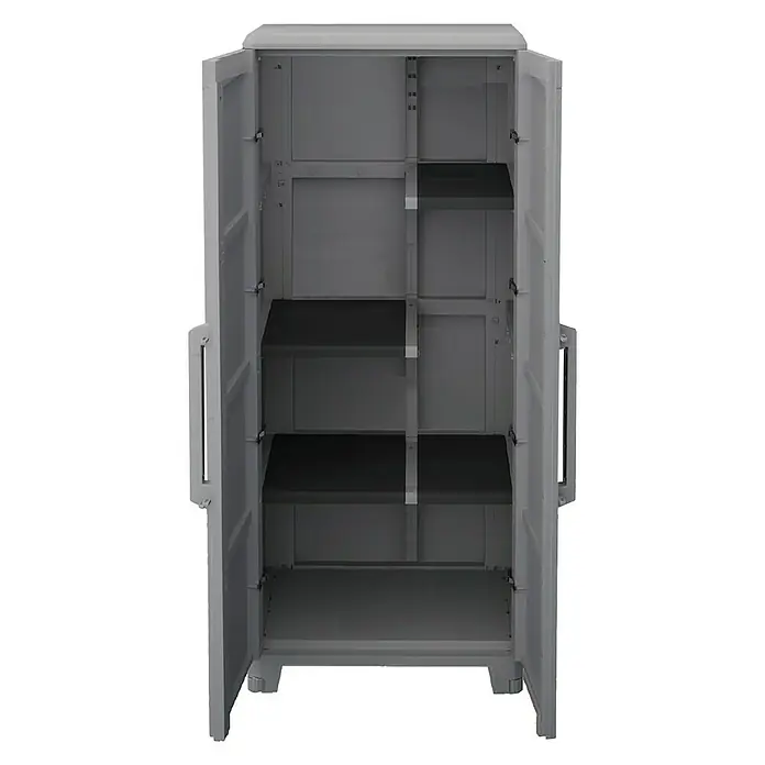 Terry Transforming Armario multiusos de plástico  Modular 4 + Modular 2 - 2 piezas - Foto de un armario gris con puertas abiertas que muestra varios estantes. Ideal para espacio de almacenamiento adicional.