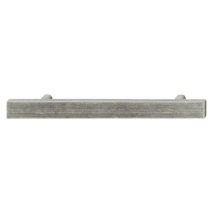 Häfele Tirador para muebles 102.04.617 - L x An x Al: 18,8 x 2,7 x 1,7 cm, Niquelado - Primer plano de un tirador de armario elegante y gris con vetas horizontales y bases de montaje cilíndricas.