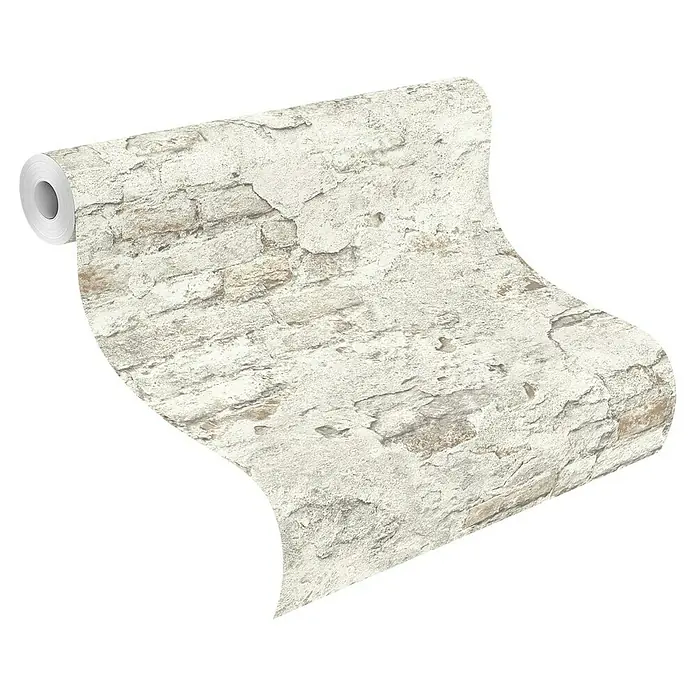 Rasch Vliestapete Bruchstein - Grau/Rostbraun, Steinoptik, 10,05 x 0,53 m - Eine Rolle Tapete mit einem Mauerwerk-Design in Weiß und Grau. Die Tapete hat eine realistische Textur und ist aufgerollt dargestellt.