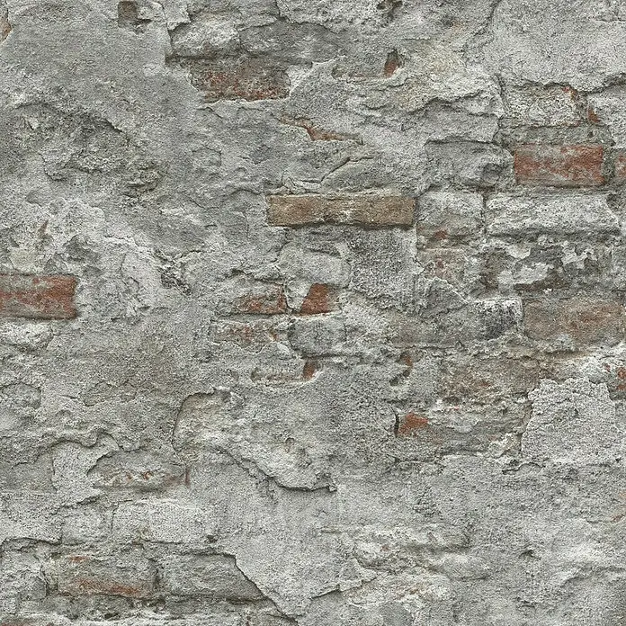 Rasch Vliestapete Bruchstein - Rot/Grau, Steinoptik, 10,05 x 0,53 m - Detailaufnahme einer Backsteinmauer mit abblätterndem Putz, die die Textur und die Beschädigung des Hintergrunds hervorhebt.