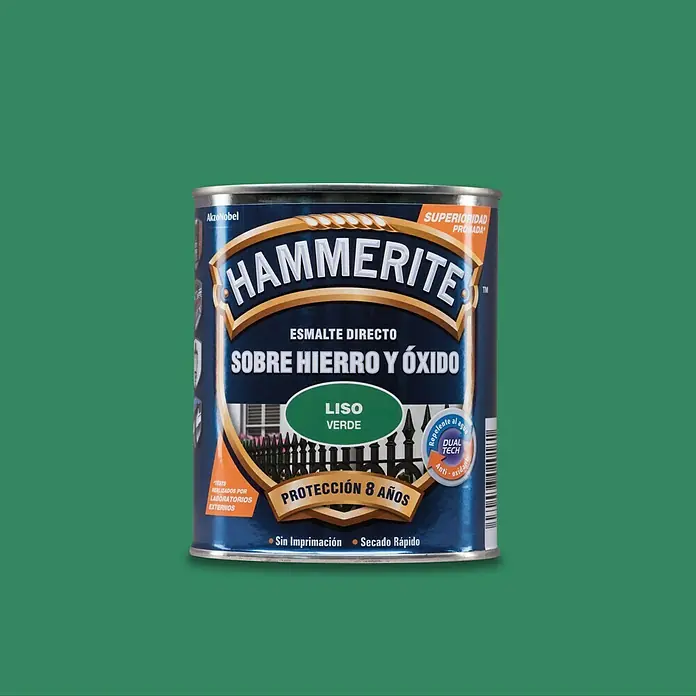 Hammerite Esmalte para metal Hierro y Óxido - Verde, 750 ml, Efecto liso - Bote de pintura de esmalte Hammerite Directo sobre óxido, color verde, ofrece 8 años de protección y es de secado rápido.