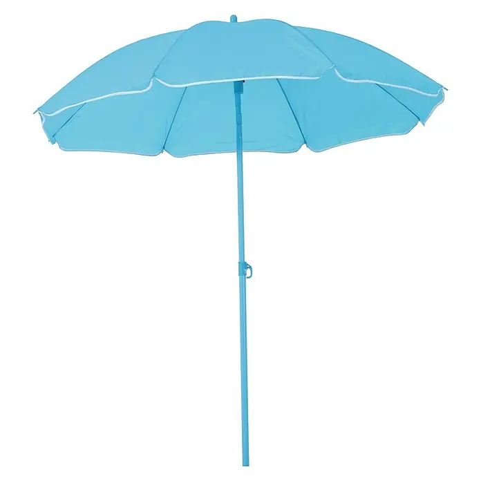 Sunfun Parasol Bahía - Colores surtidos, Diámetro de cobertura: 180 cm, 40 - Una sombrilla azul claro con un borde blanco y una estructura azul a juego, perfecta para los días soleados al aire libre.