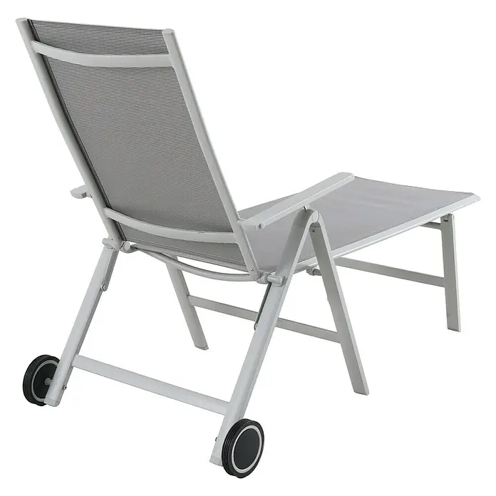 Sunfun Hannah Tumbona de jardín - 75 x 189 x 108 cm, Gris claro, Metal, Barra antivuelco - Una tumbona gris con ruedas. Perfecta para el jardín, esta silla es plegable y fácil de guardar.