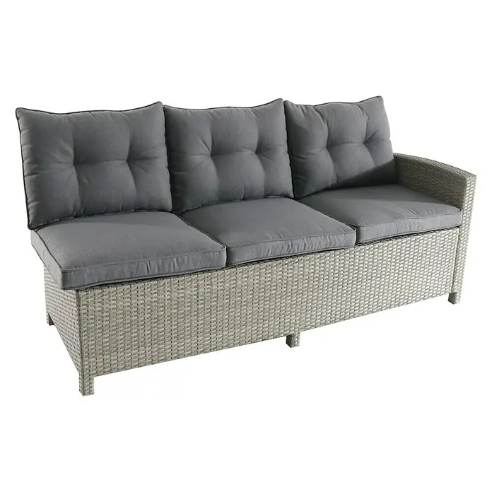 Sunfun Conjunto de muebles Silvana - 5 pzs., Ratán sintético/Aluminio, Gris/Antracita - Sofá de ratán gris con tres asientos y cojines grises, ideal para jardín o terraza. El acolchado cómodo asegura relajación.