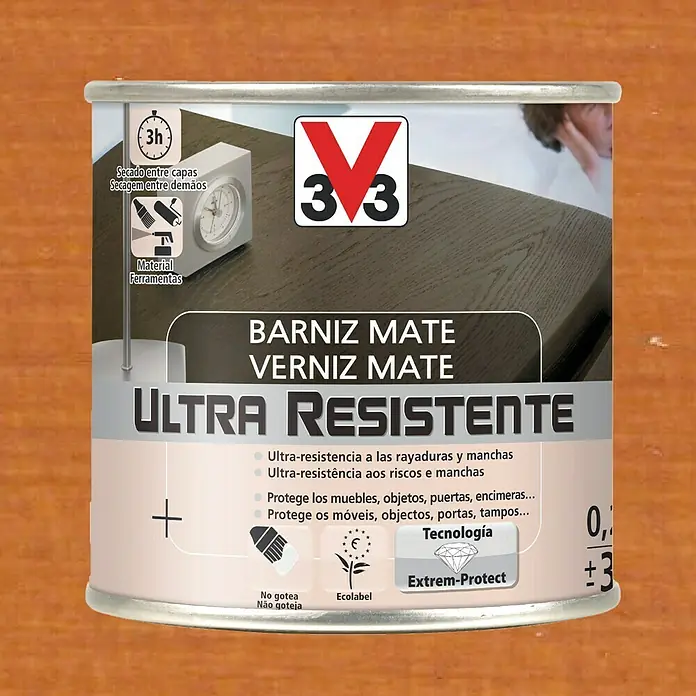 V33 Barniz para madera Mate Ultra Resistente - Cerezo, Mate, 250 ml - Imagen de una lata de pintura "V33 BARNIZ MATE VERNIZ MATE ULTRA RESISTENTE".