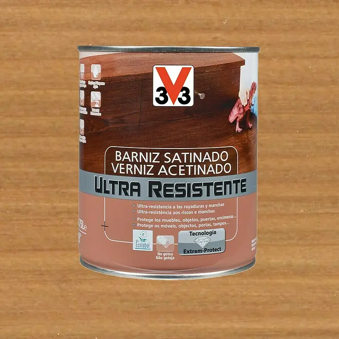 V33 Barniz para madera Satinado Ultra Resistente - Roble oscuro, Satinado, 750 ml - Una imagen detallada de una lata de barniz satinado 'V33', reconocido por su alta resistencia y protección de superficies.