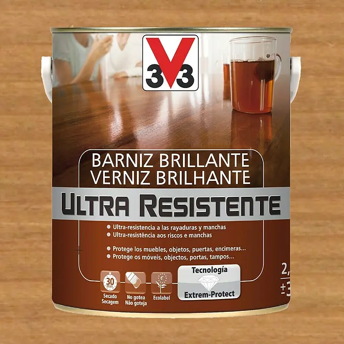 V33 Barniz para madera Brillante Ultra Resistente - Roble oscuro, Brillante, 2,5 l - Bote de barniz para madera brillante ultra resistente V33 para muebles y superficies, protege contra arañazos y manchas.