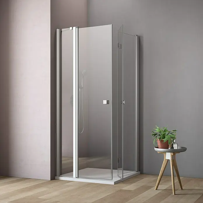GEO Hit Eckdusche B-E210 - L x B x H: 120 x 90 x 202,2 cm, Unbeschichtet, Silber, Glasstärke: 6 mm - Elegante Duschkabine mit klarem Glas und silbernen Beschlägen, die ein modernes Badezimmerambiente schafft.