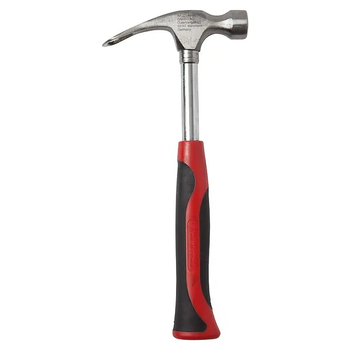 BAUHAUS Feierabendhammer - 235 g, Ausstattung: Flaschenöffner - Ein Hammer mit einem silbernen Kopf und einem rot-schwarzen Griff, ideal für Bau- und Heimwerkerprojekte.