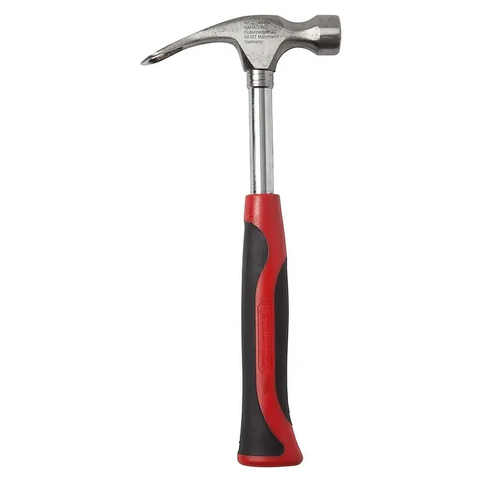 BAUHAUS Feierabendhammer235 g, Ausstattung: Flaschenöffner - Ein Hammer mit einem silbernen Kopf und einem rot-schwarzen Griff, ideal für Bau- und Heimwerkerprojekte.