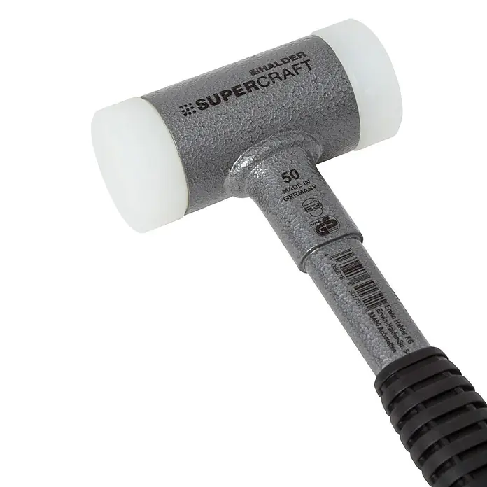 Halder Supercraft Schonhammer - Durchmesser Kopf: 50 mm, Hart - Nahaufnahme eines Halder Supercraft Schonhammers mit grauem Kopf und weißen Schlagflächen.