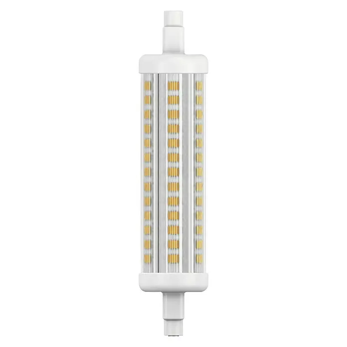 Garza Bombilla LED Lineal - 9,5 W, Blanco cálido, 1.200 lm, R7s - Una imagen cercana de una lámpara LED R7s, que muestra su alternativa de eficiencia energética a las bombillas halógenas tradicionales.