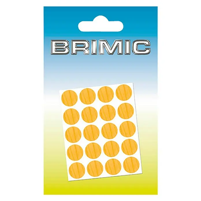 Micel Brimic Tapón embellecedor Pino - Diámetro: 13 mm, Pegado, 20 ud. - Imagen de un paquete de pegatinas Brimiс. El producto presenta pegatinas redondas de color dorado en una hoja.
