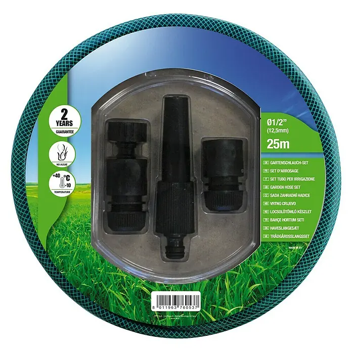Schlauch-Set - 25 m, Schlauchdurchmesser: 13 mm - Bild einer 1/2"-Gartenschlauchgarnitur (12,5 mm) mit einer Länge von 25 Metern, komplett mit Düse und Anschlüssen.