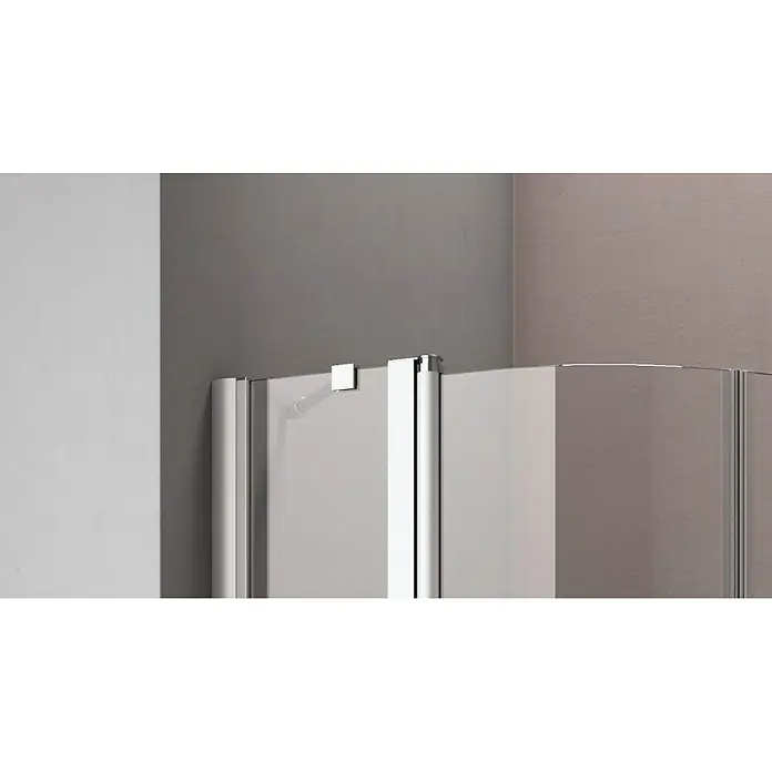 GEO Hit Runddusche B-R200 - Links x Rechts x Höhe: 100 x 80 x 202,2 cm, Unbeschichtet, Silber - Nahaufnahme einer Duschkabine mit Chromdetails, die ein modernes und elegantes Badezimmerdesign zeigt.