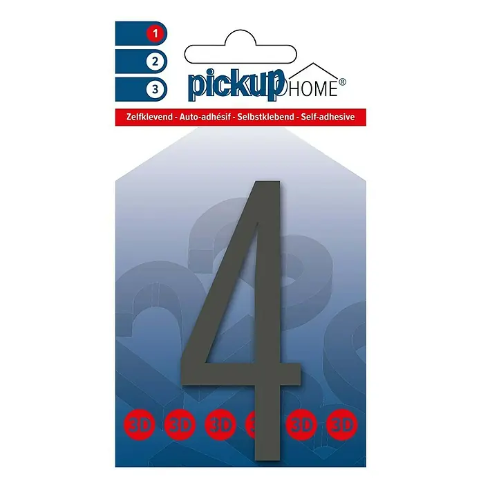 Pickup 3D Home Hausnummer Oslo - Höhe: 9 cm, Motiv: 4, Grau, Kunststoff, Selbstklebend - Selbstklebende 3D Hausnummer 4 von Pickup Home. Ideal zur Kennzeichnung von Haus- oder Wohnungstüren, Briefkästen und mehr.