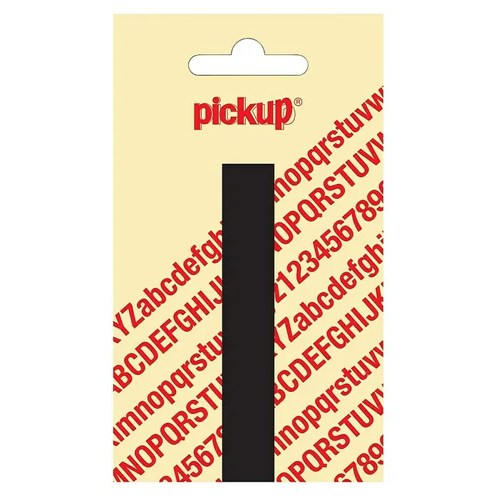 Pickup Aufkleber - Motiv: I, Schwarz, Höhe: 90 mm - Abbildung einer PickUp-Verpackung mit einem schwarzen Balken. Das gelbe Design zeigt rote Buchstaben und Zahlen in einem schrägen Muster.
