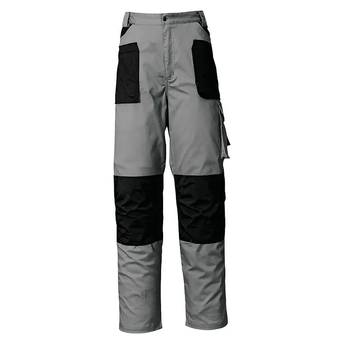 Industrial Starter Pantalones de trabajo Stretch - Caballeros, L, Gris/Negro - Pantalones de trabajo grises con refuerzos y bolsillos negros. Ideales para comerciantes y trabajadores de la construcción, comodidad y funcionalidad.