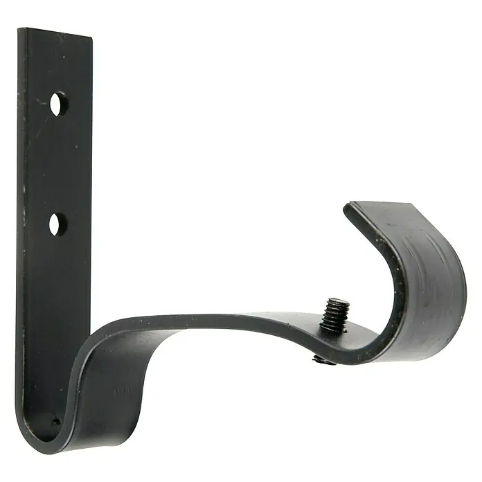 Fijación de pared Colonial - Negro, L x An x Al: 9,95 x 2 x 8,6 cm, Atornillado - Primer plano de un soporte de barra de cortina de metal negro, con un tornillo y orificios de montaje para una instalación segura en la pared.