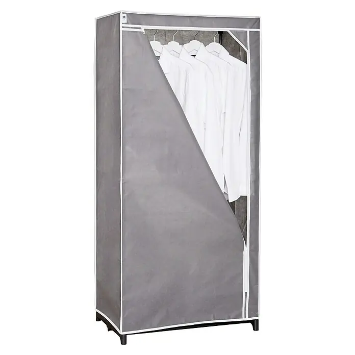 Textiler Kleiderschrank - L x B x H: 50 x 75 x 160 cm, Grau - Grauer, tragbarer Kleiderschrank mit teilweise geöffneter Reißverschlussabdeckung und weißen Hemden im Inneren.