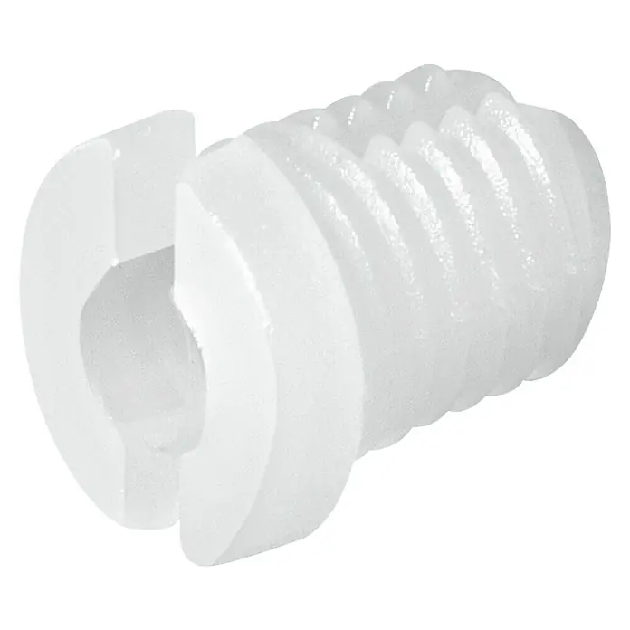 Häfele Casquillo expansible - Ø x L: 5 x 7,5 mm, Apto para: Tornillos para madera hasta un diámetro de rosca de 4 mm, Con cuello - Primer plano de un tornillo de mariposa de plástico blanco con rosca y cabeza ranurada sobre un fondo negro.