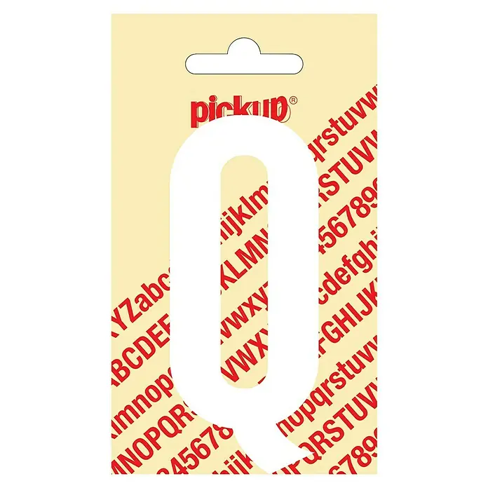 Pickup Aufkleber - Motiv: Q, Weiß, Höhe: 90 mm - Aufkleber 'Q' von Pickup, ideal zur Beschriftung und Dekoration. Perfekt für DIY-Projekte, mit roter Schrift auf beigem Hintergrund.