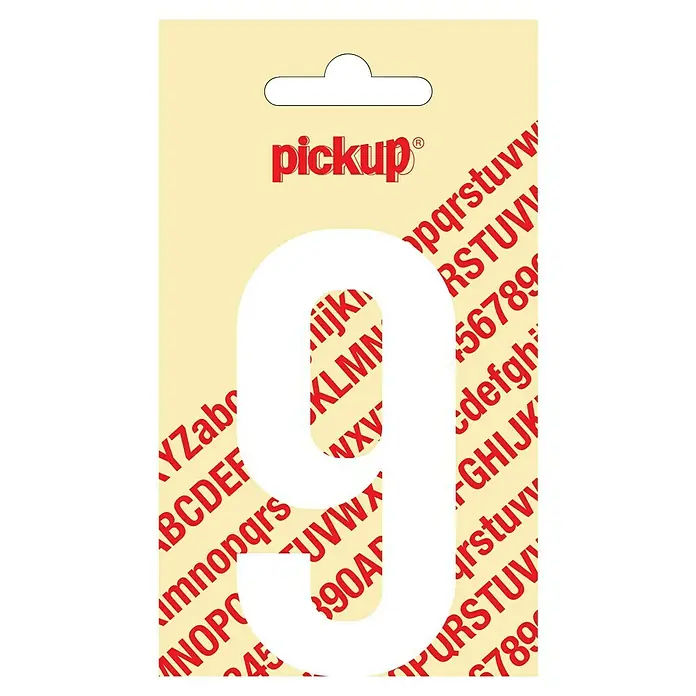 Pickup Aufkleber - Motiv: 9, Weiß, Höhe: 90 mm - Aufkleber mit der Zahl Neun. Der Aufkleber hat eine weiße Neun auf beigem Hintergrund mit roten Buchstaben.