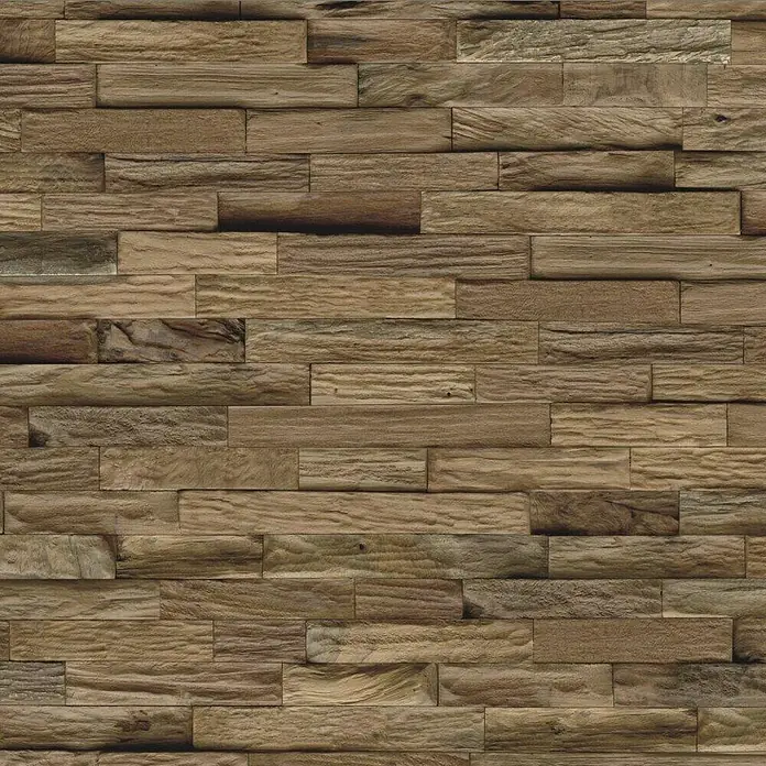 Indo Wandpaneel 3D Wall Classic Sumatra Nature - Teak, 610 x 150 x 10 mm, 1,006 m² - Holzverkleidung mit horizontal verlegten, verschiedenfarbigen Holzstücken, die eine warme und natürliche Textur für Innenräume schaffen.