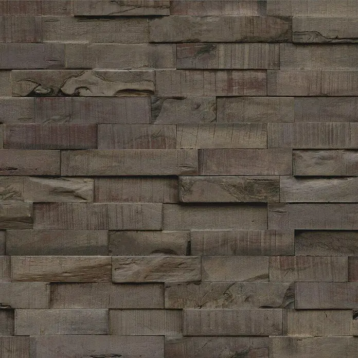Indo Wandpaneel 3D Wall Slimwood Charred - Hevea, 560 x 200 x 8 mm - Eine Nahaufnahme einer Wand mit braunen, gestapelten Holzpaneelen, die eine strukturierte und rustikale Oberfläche zeigen.