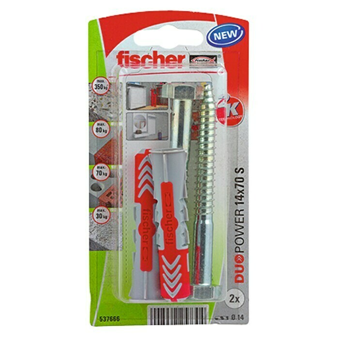 Fischer Duopower Set de tacos y tornillos (Diámetro taco: 14 mm, Longitud taco: 70 mm, 2 uds.)