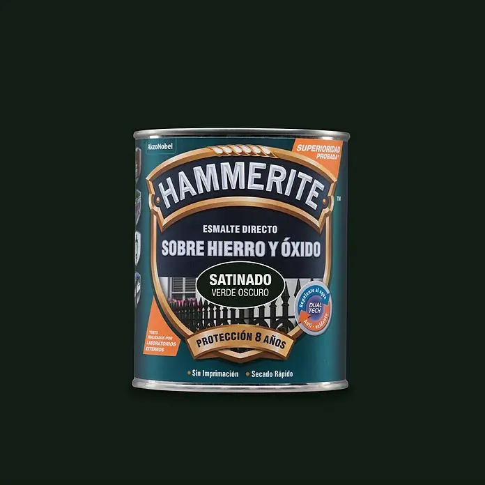 Hammerite Esmalte para metal Hierro y Óxido - Verde oscuro, 750 ml, Efecto satinado - Bote de pintura Hammerite Directo al Óxido, Satinado Verde Oscuro, para hierro y óxido, 8 años de protección, sin imprimación, secado rápido.