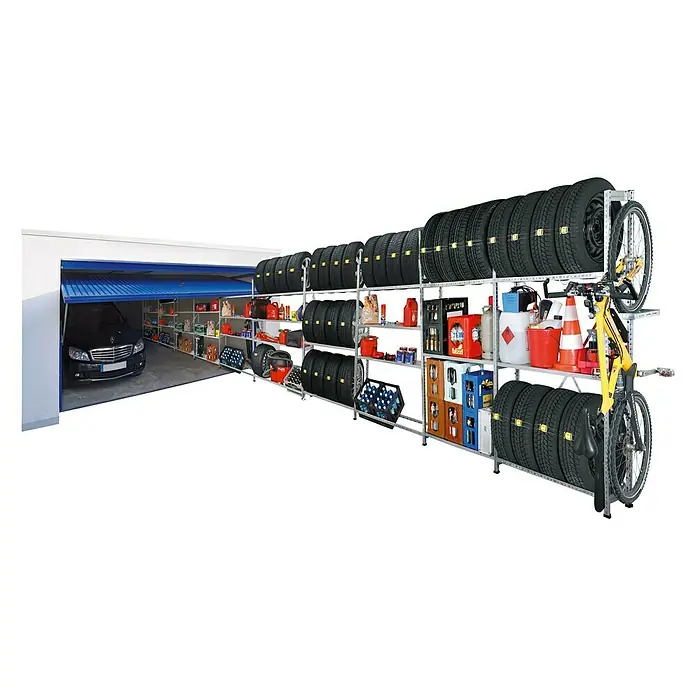 Scholz Reifenregal Anbauelement - H x B x T: 192 x 81 x 32 cm, Traglast pro Träger: 150 kg, Anzahl Böden: 2 Stk., Stecken, Silber - Garagenregalsystem mit Reifen, Fahrrädern und Zubehör für die Werkstatt. Praktische Aufbewahrungslösung für Ordnung und Übersicht.