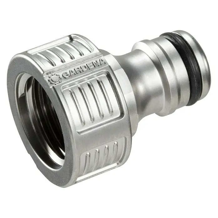 Gardena Hahnstück - Gewindegröße Wasserhahn: 21 mm (G ½″) - Nahaufnahme einer Gardena Schlauchkupplung aus Metall, die robust und langlebig für die Gartenbewässerung ist. Zuverlässige Verbindung für Gartenschläuche.
