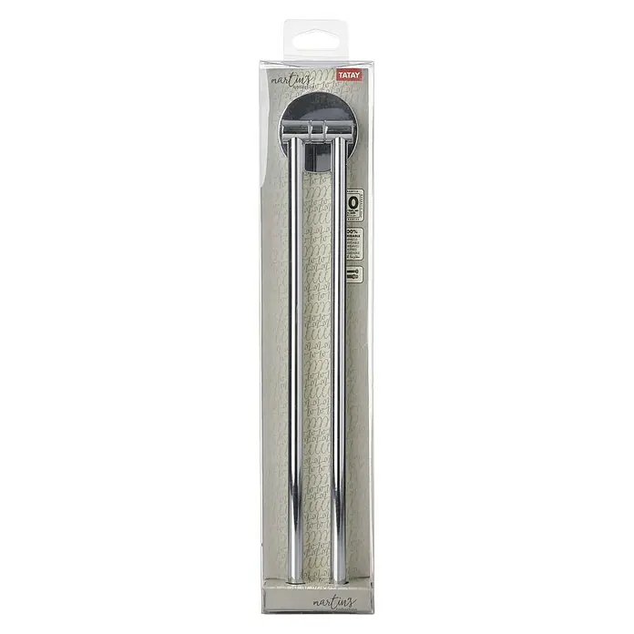 Tatay Martins Toallero de barra doble - Ancho: 380 mm, Cromo - Primer plano de un nuevo toallero TATAY empaquetado, perfecto para cualquier baño. El soporte está fabricado con material resistente.