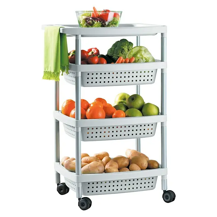 Tatay Carro con ruedas 4 niveles - 36 x 52 x 79,5 cm, Blanco - Un carrito de cocina rodante de 4 niveles lleno de varias frutas y verduras, que proporciona un almacenamiento práctico con fácil movilidad.