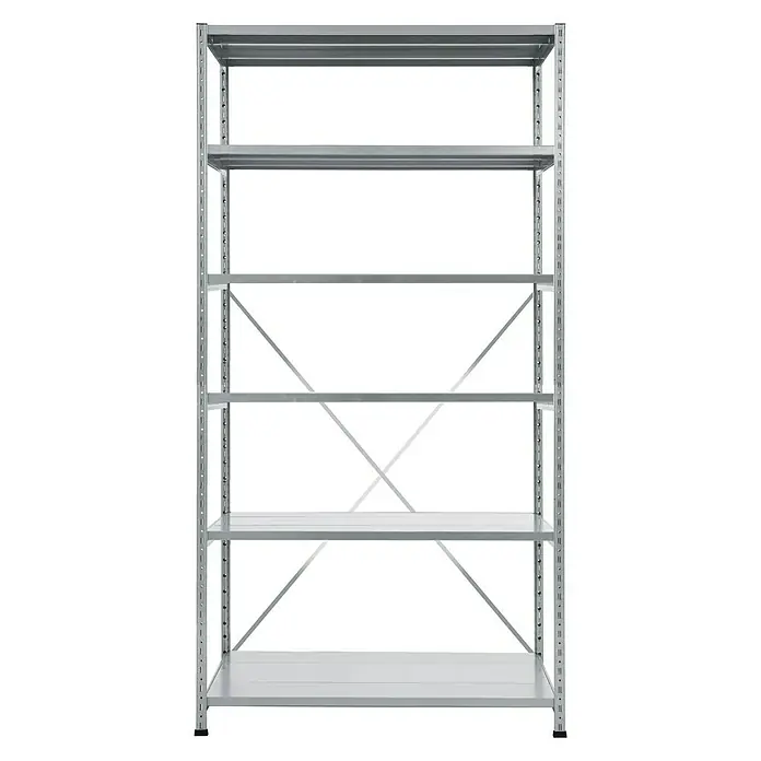 Scholz Metallregal Grundelement - Höhe: 228 cm, B x T: 105 x 40 cm, Traglast pro Boden: 140 kg, Anzahl Böden: 6 Stk., Stecken, Silber - Silbernes Regal mit fünf Ebenen für Lagerung und Organisation. Ideal für Garage, Keller oder Werkstatt mit seinem robusten Design.